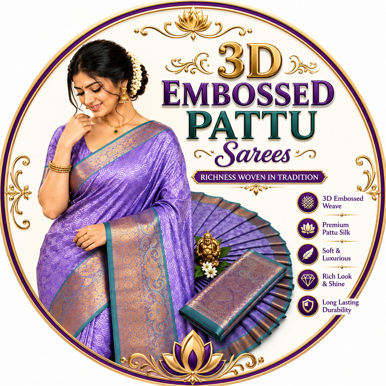 3D Embossed Pattu Sarees